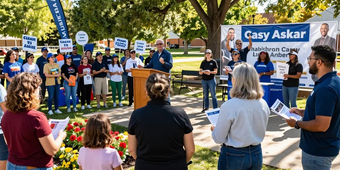 Casey Askar speaking at a rally in a vibrant community park.