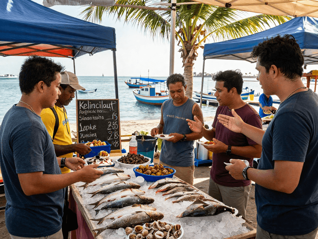 Vibrant outdoor market showcasing kelincilaut fish among shoppers and sellers.