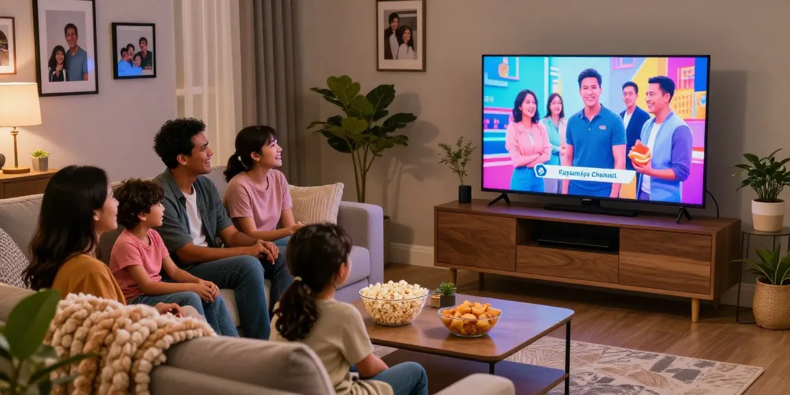 Family enjoying an evening show on kapamilyachannel.com in a cozy living room.