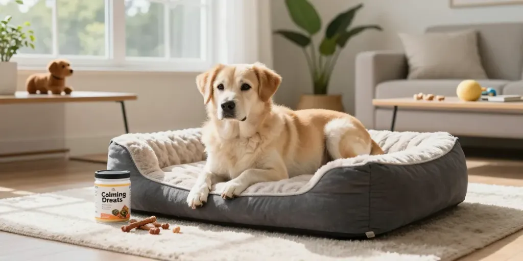 Calming Dog Treats helping a relaxed dog in a cozy living room.