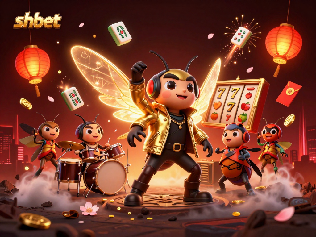 Experience thrilling gameplay with shbet, where a rock star cicada and beetle drummer celebrate casino excitement.