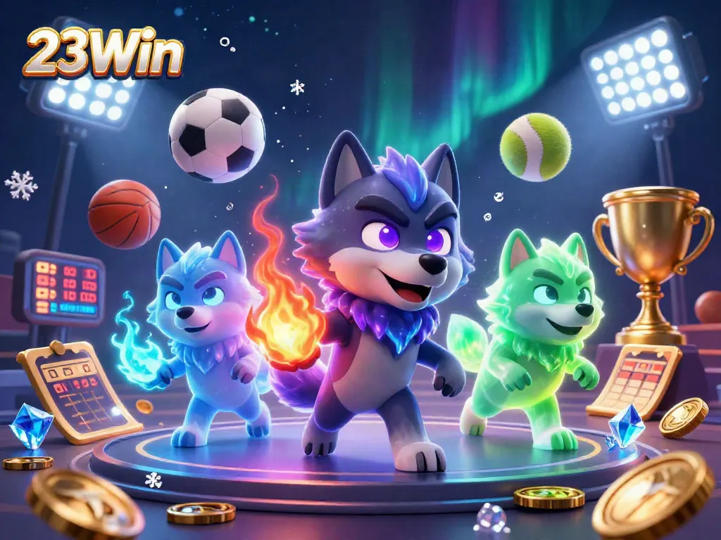 Experience the thrill at 23Win with a dynamic gaming scene featuring wolves and sports elements.