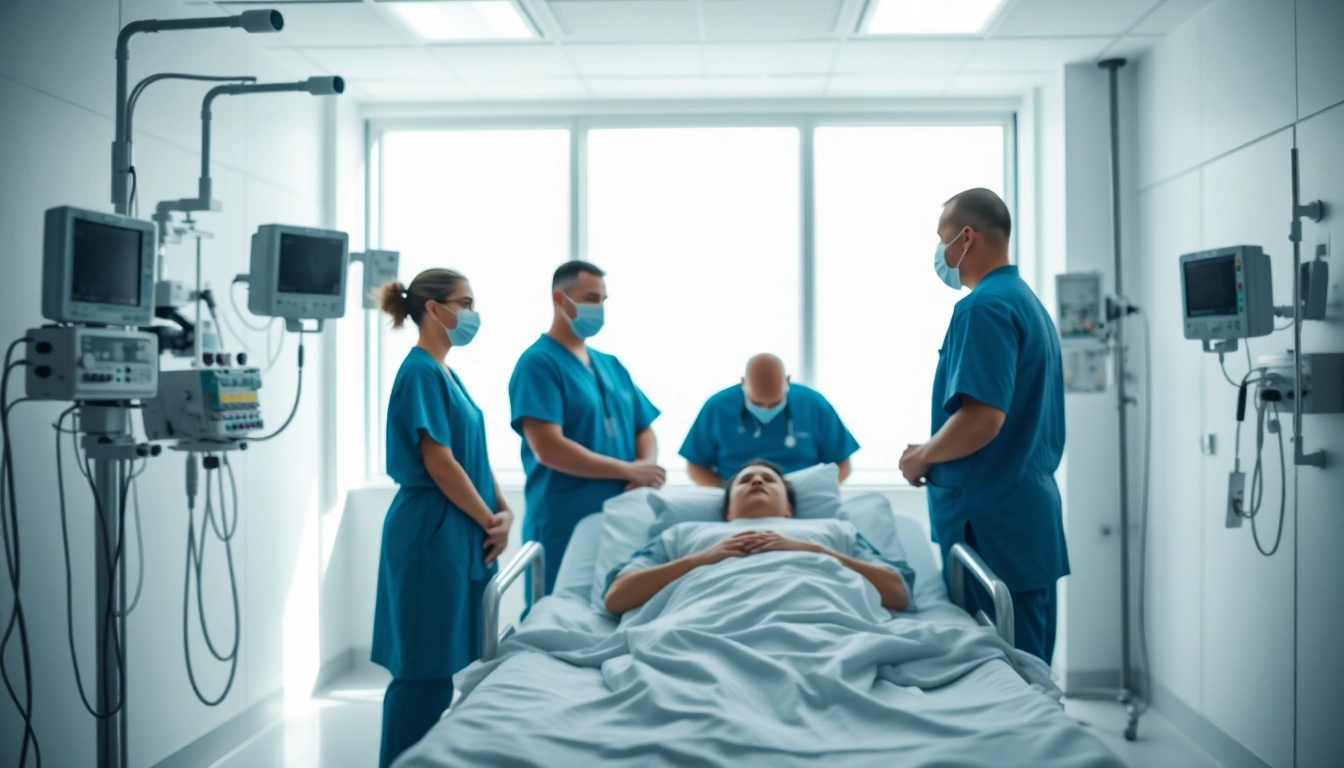 Intensive Care Unit (ICU) scene depicting healthcare professionals caring for a critically ill patient.