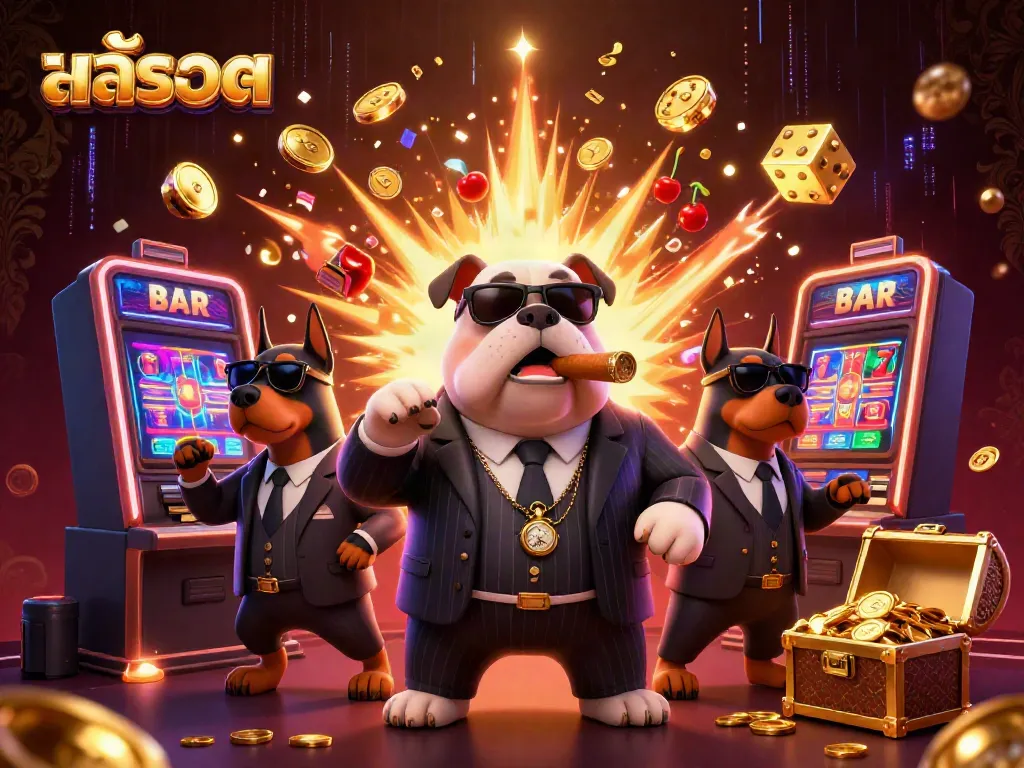 Experience excitement with สล็อต in a lively casino scene featuring mafia characters and exploding jackpots.