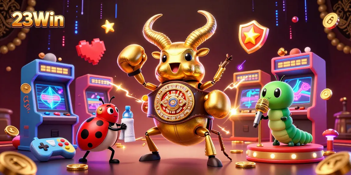 Engage with thrilling 23Win action featuring a giant golden stag beetle in a boxing champion belt.