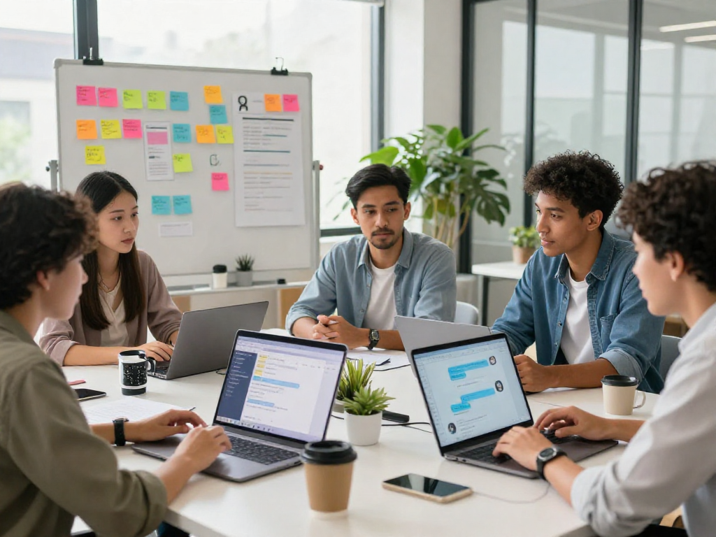 Youthful team collaborating on spicy chat AI in a vibrant office