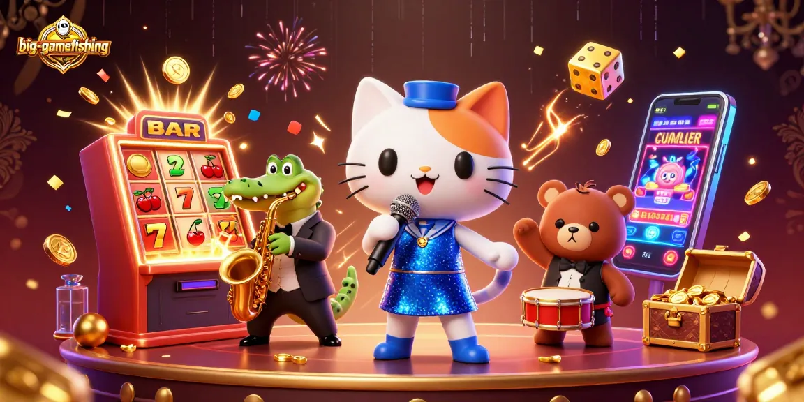 Experience big-gamefishing with a lively casino scene featuring singing cat and music animals.