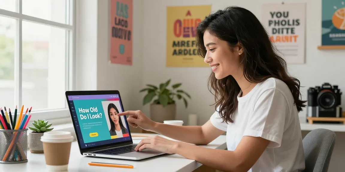 Upload your photo to see how old do I look using AI analysis in a bright home office.