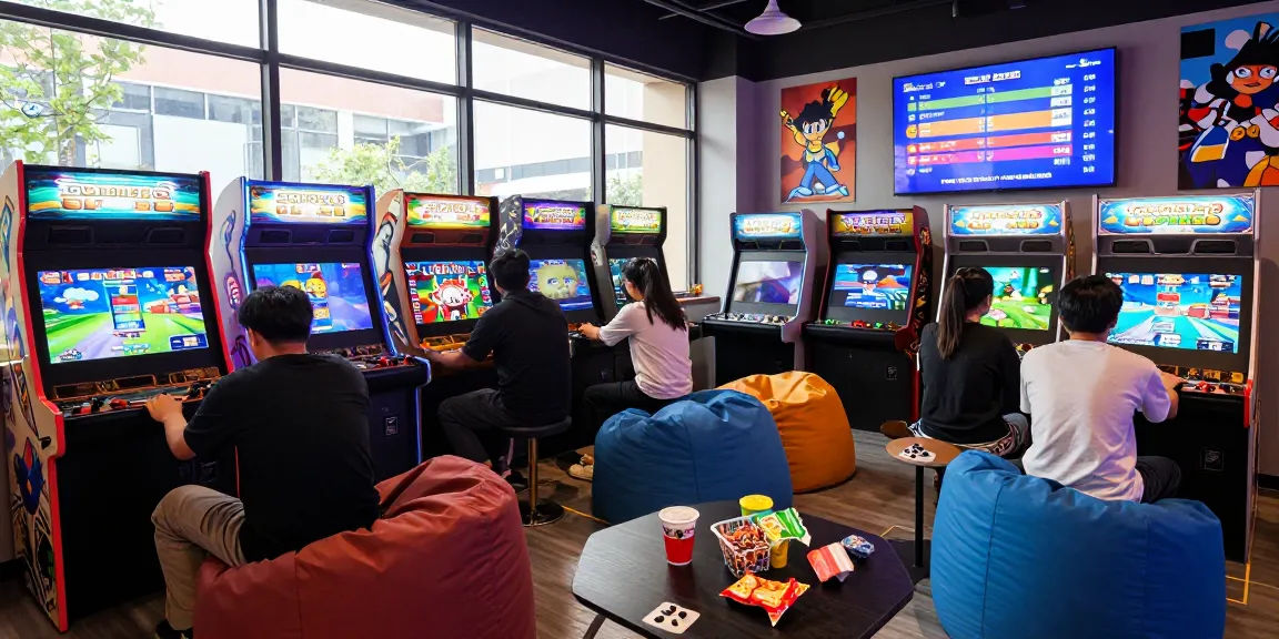 Exciting gaming lounge scene showcasing เกมสล็อต and friends playing interactive games