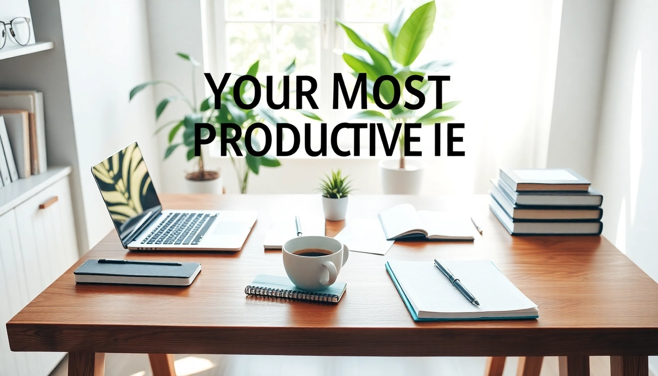 Achieve Your Most Productive Life with a serene workspace and natural lighting.