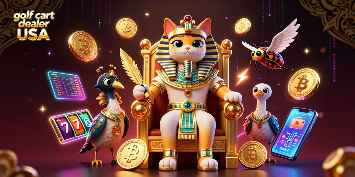 Engage as a golf cart dealer USA amidst dynamic casino scenes with slots, crypto elements, and vibrant colors.