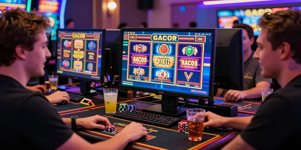 Permainan slot gacor online dengan pemain bersemangat dan suasana kasino yang energik.