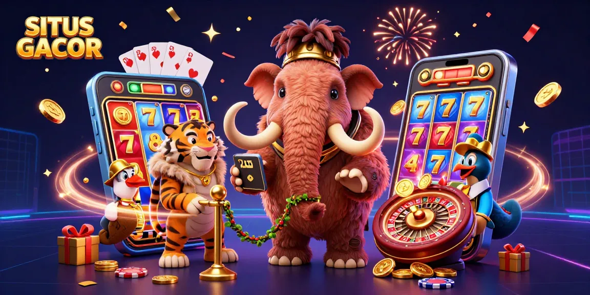 Engage with SITUS GACOR through an exciting 3D casino illustration depicting vibrant characters and gaming elements.