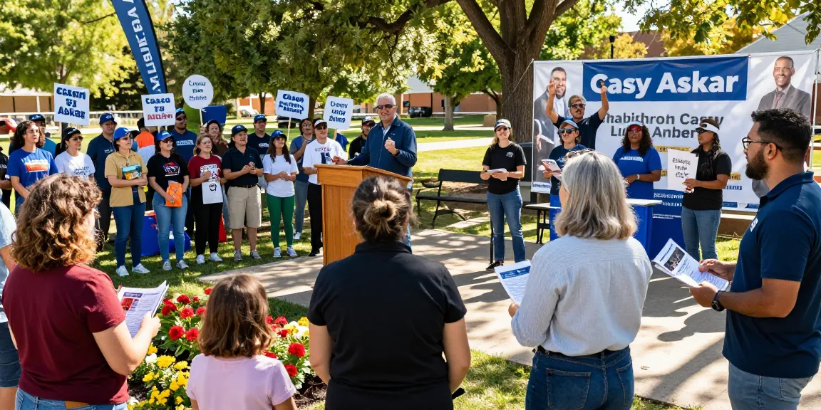 Casey Askar speaking at a rally in a vibrant community park.