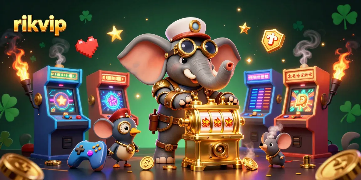 Experience the excitement of rikvip's 3D casino with a steampunk elephant and colorful gaming elements.