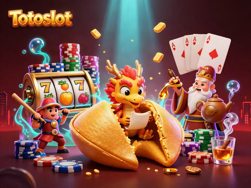 Permainan slot Totoslot dengan karakter kartun, kue keberuntungan dan naga yang bijaksana.