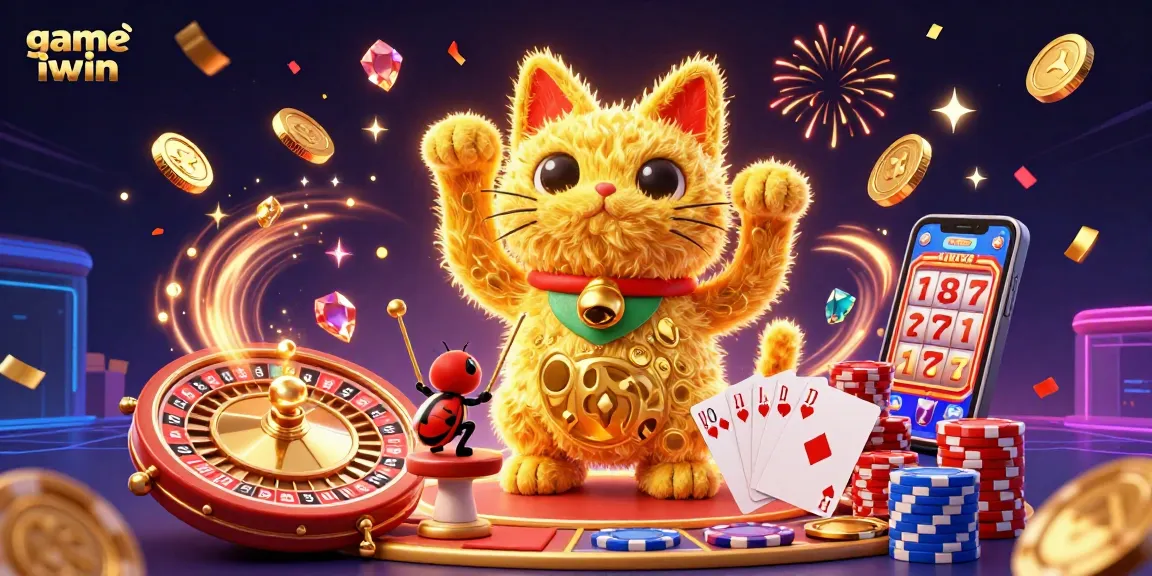 Experience game iwin with a lucky cat, colorful poker chips, and dynamic casino symbols in a vibrant 3D illustration.