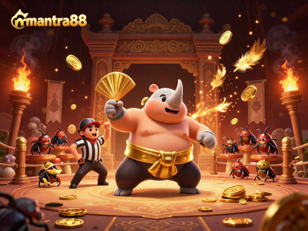 mantra88 showcases a sumo beetle champion in a thrilling casino scene, captivating gamblers with dynamic energy.