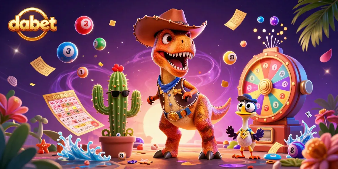 Engage with Dabet as colorful lottery balls bounce in a dynamic casino-themed scene.