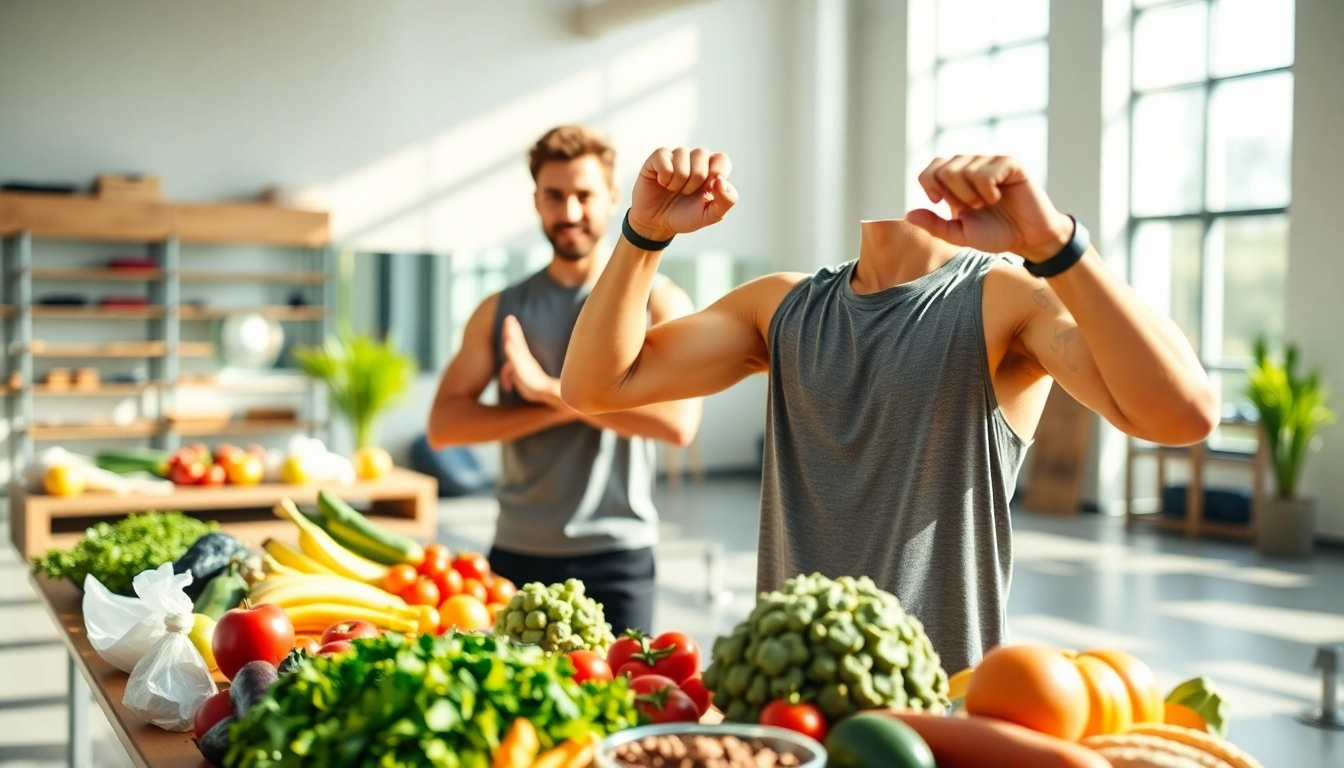 Engaging scene of Fitness and Nutrition with a trainer showcasing exercises and healthy foods.