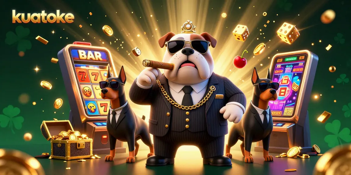 Kuatoke enhances your gaming experience with a thrilling 3D casino scene featuring a mafia bulldog and slot machines.