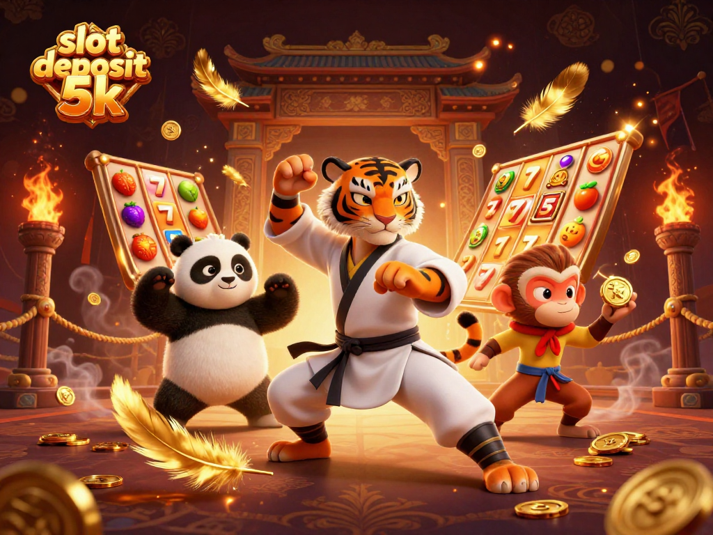 Experience thrilling slot deposit 5k action with kung fu characters amidst vibrant casino elements.