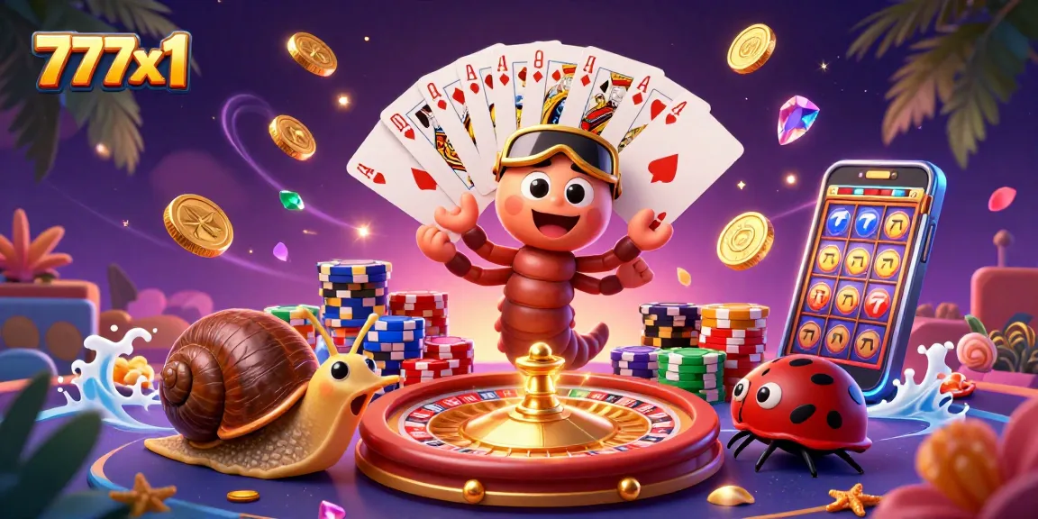 Engage in thrilling gameplay at 777x1 with a whimsical casino scene featuring cartoon characters and dynamic elements.