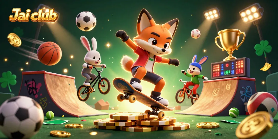 Engage in thrilling casino action at Jai club with cartoon characters surrounded by sports betting elements.
