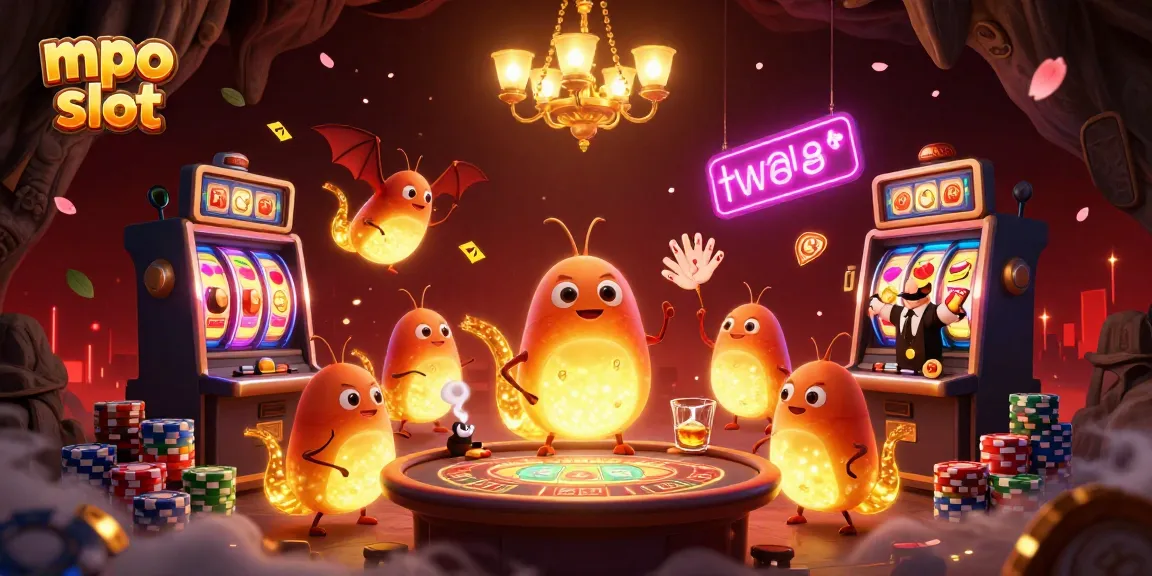 Engage in mpo slot excitement with glowing glowworms and a bat dealer in a vibrant casino scene.