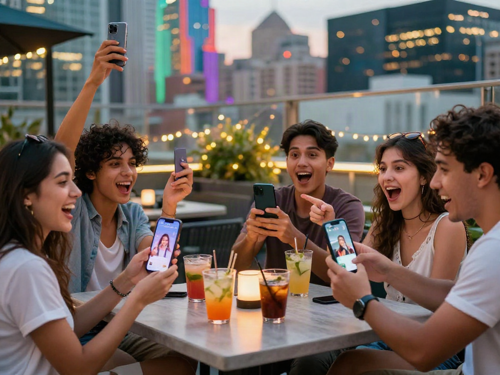 Group of friends discovering their celebrity look alike using a mobile app, joyful rooftop bar scene.