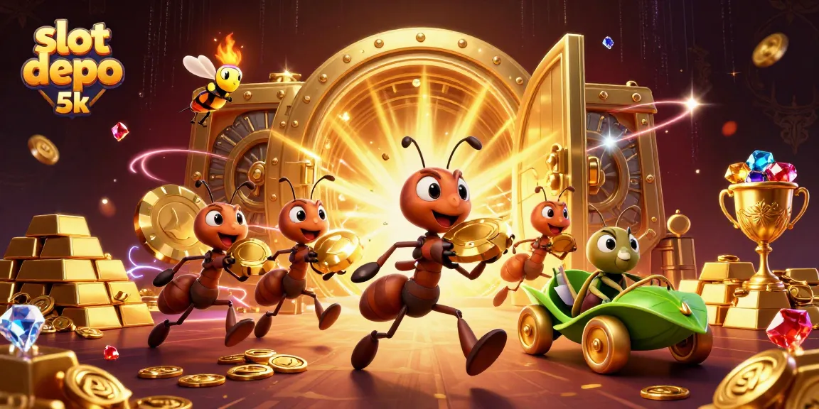 Slot depo 5k menghadirkan suasana seru dengan semut membawa chip poker emas dalam ilustrasi 3D