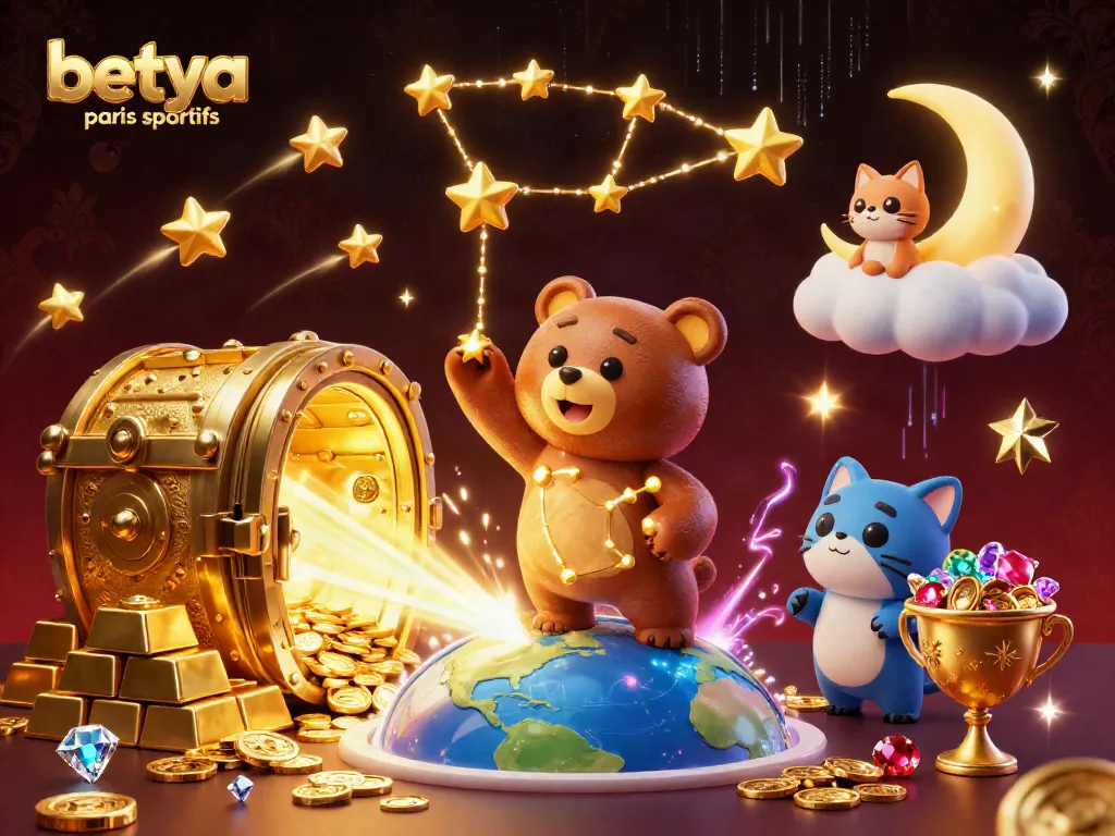 Experience betya paris sportifs with vibrant 3D illustration of a constellation bear and treasures.