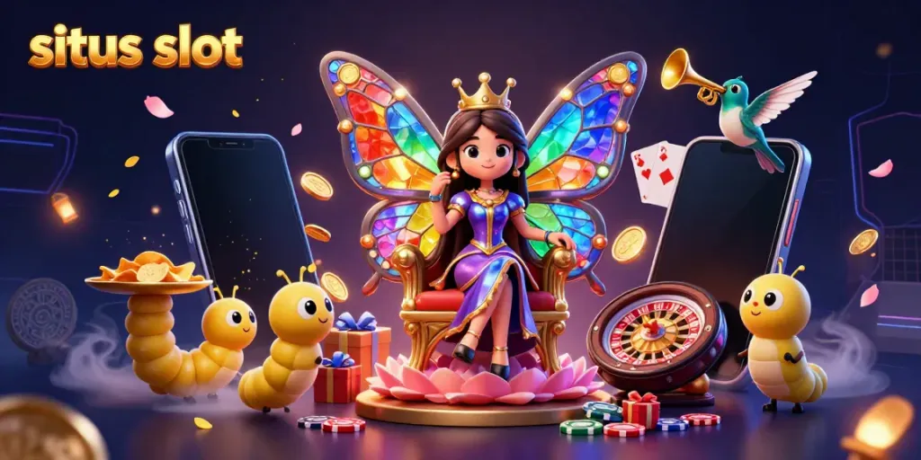 Menangkan permainan situs slot dengan karakter ratu kupu-kupu dan simbol kasino yang memukau.