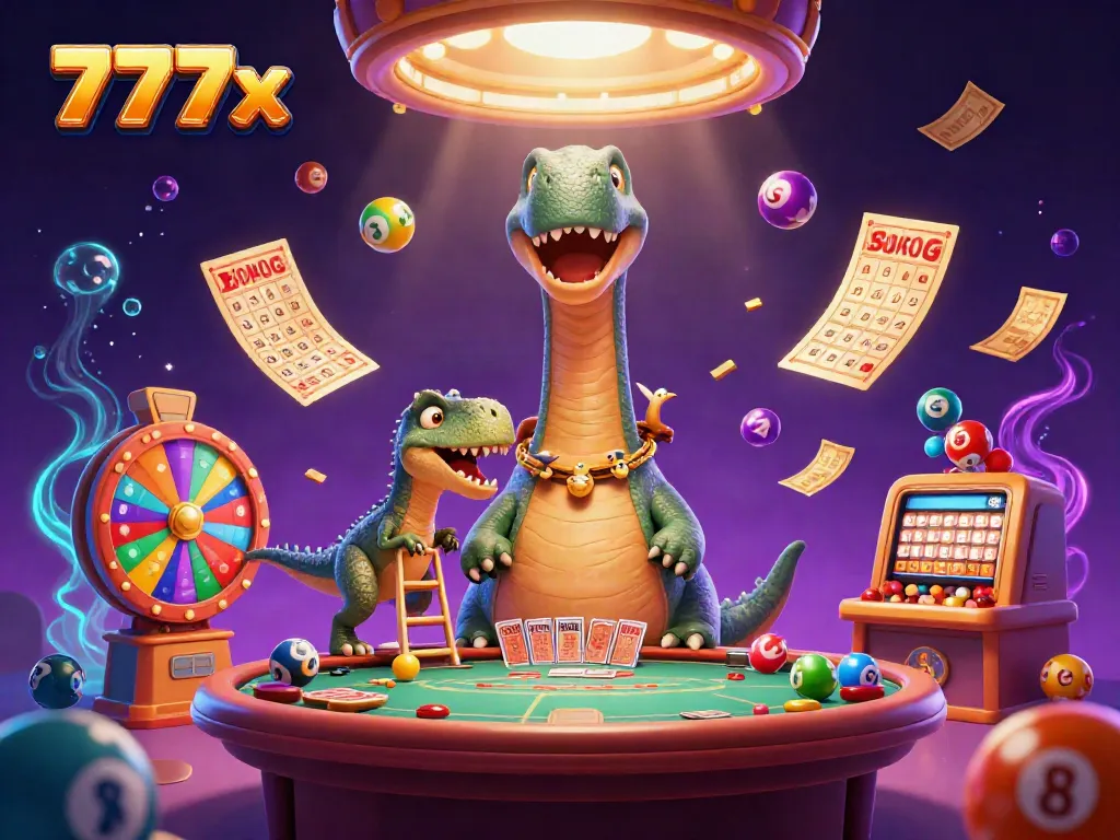 Experience thrilling 777x casino action with a vibrant, animated 3D scene of a brontosaurus and clever raptor.