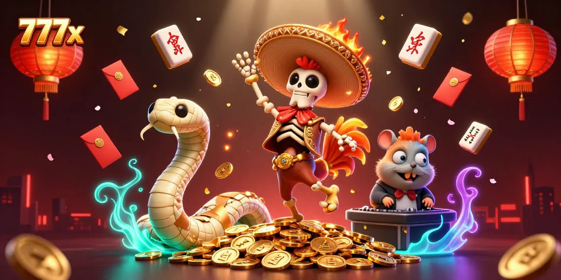 Experience winning moments at 777x with a vibrant 3D casino scene featuring characters and lucky symbols.
