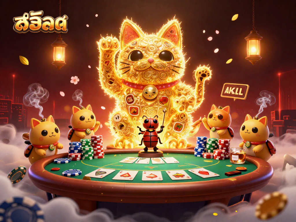 Experience the thrill of สล็อต gaming with a vibrant 3D illustration of a lucky cat and casino symbols.