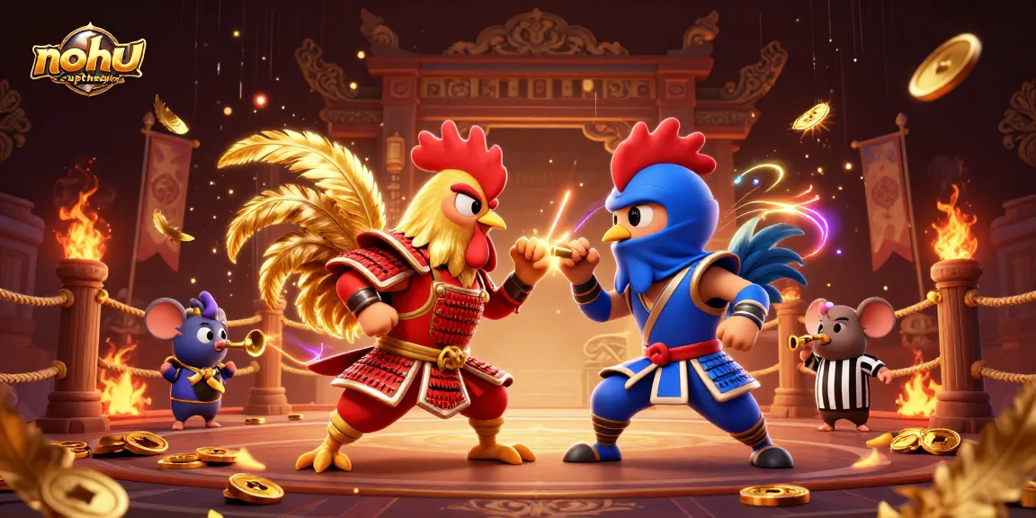 Engage in thrilling nohu-cupthegioi battles as fighting roosters clash in a vivid casino arena.