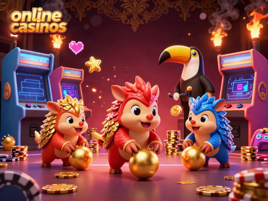 Rival pangolins enjoying a game in vibrant online casinos environment filled with colorful gaming elements.
