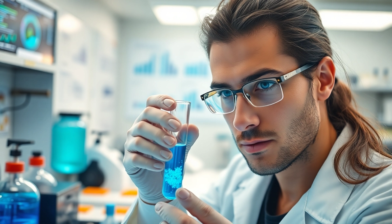 Analyze ghk cu peptide in a professional lab environment with scientific equipment and glowing solutions.