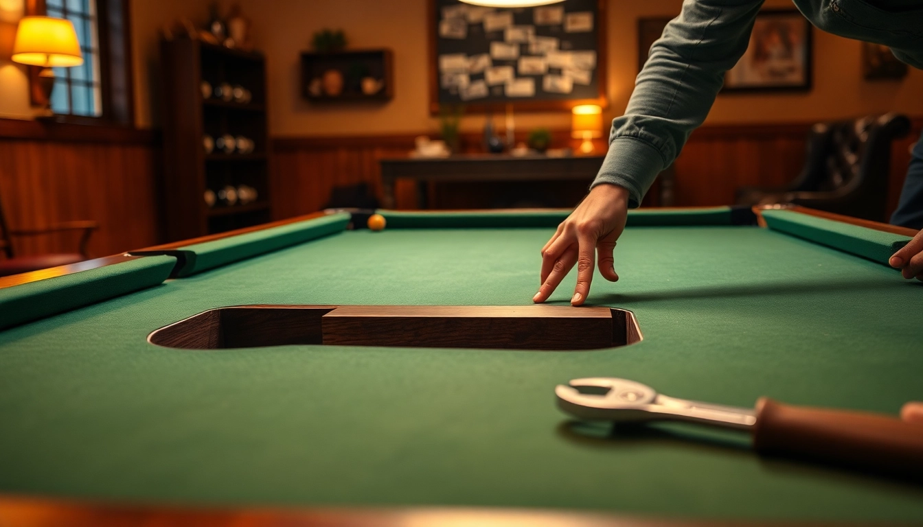 Step-by-step Pool Table Disassembly process showcased in a cozy game room.