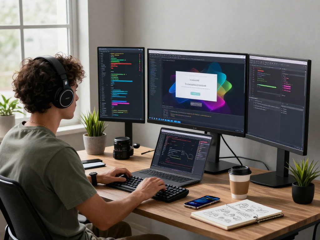 Software developer using mantra88 login on dual monitors in a modern workspace, surrounded by tech accessories.