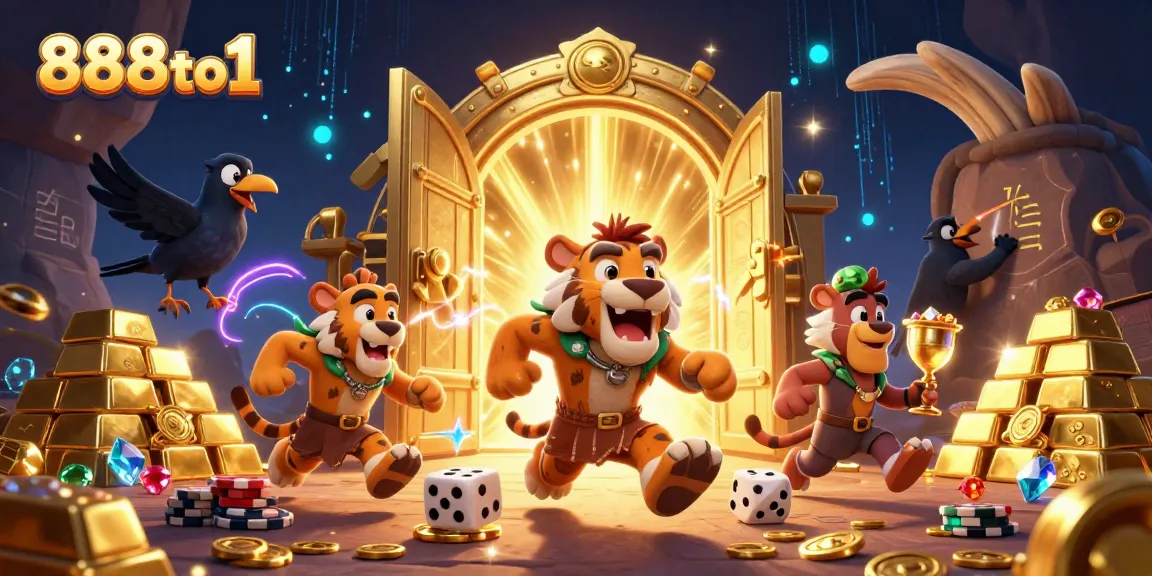 Play thrilling casino games at 888to1 featuring a vibrant 3D illustration of a caveman and tiger duo.
