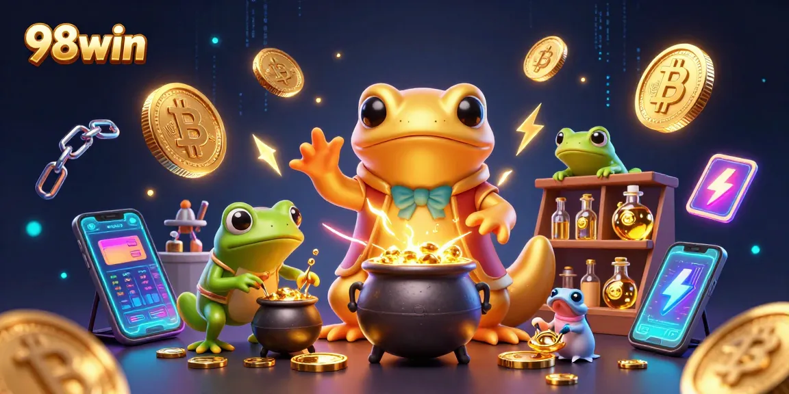 Experience the excitement of 98win with golden alchemists transforming coins amidst crypto elements.