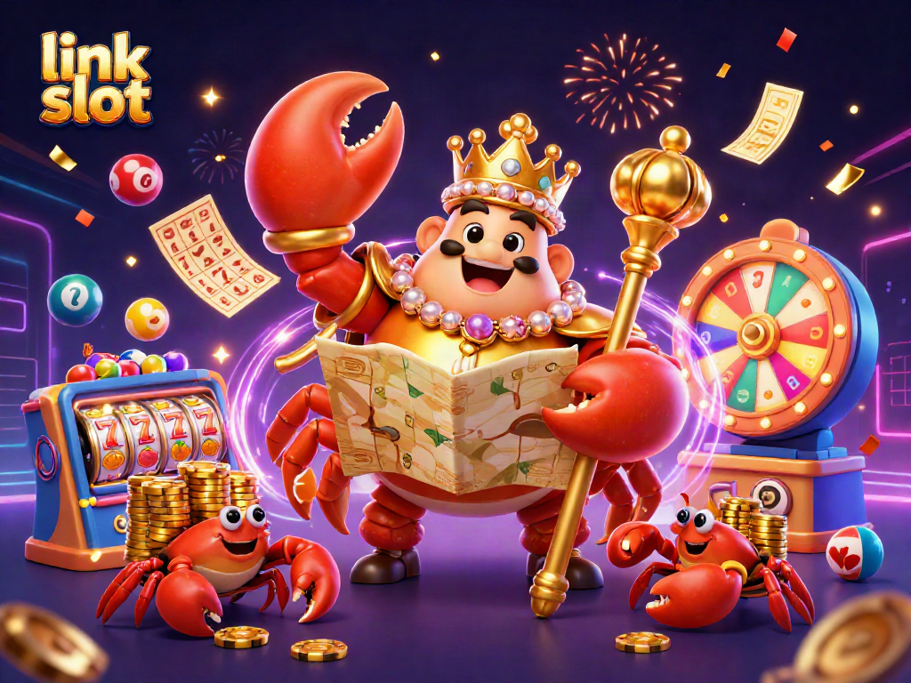 Engage in thrilling link slot action with vibrant lottery balls and golden prizes in a festive 3D scene.
