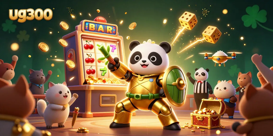Slot jackpot menguntungkan di ug300 dengan panda emas dan simbol keberuntungan.