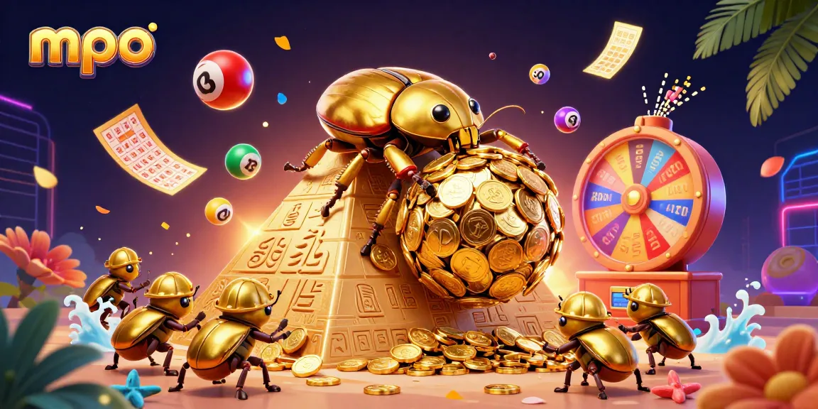 Discover mpo's online games with vibrant illustrations of lottery elements and golden coins.