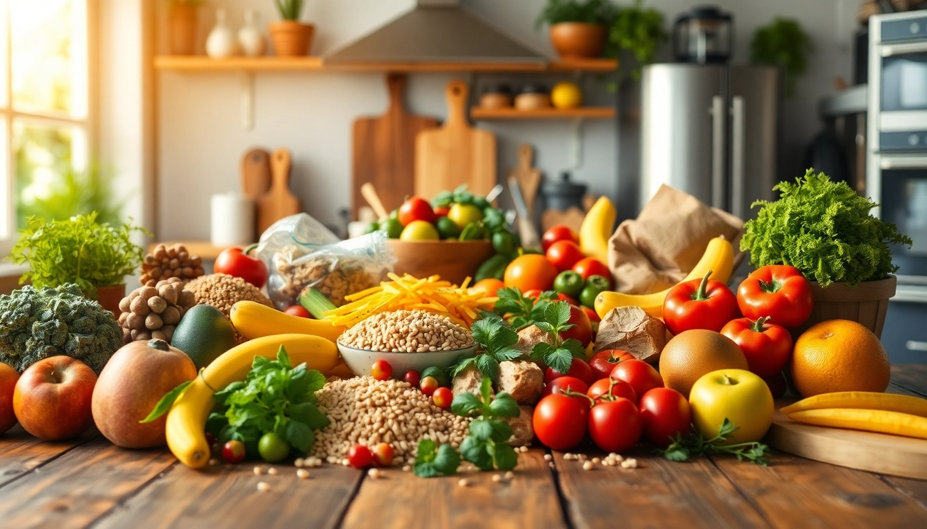 Showcasing Healthy Eating Habits with vibrant fruits and vegetables arranged on a wooden table.