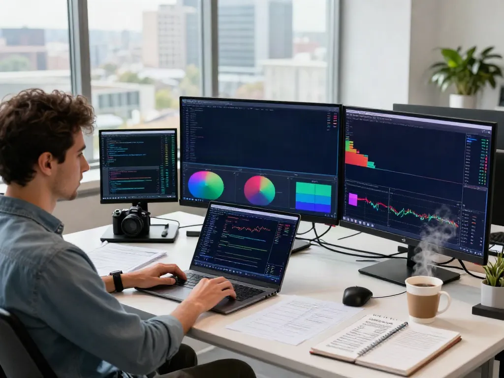 Trader using TradingView on multiple monitors in a bright office