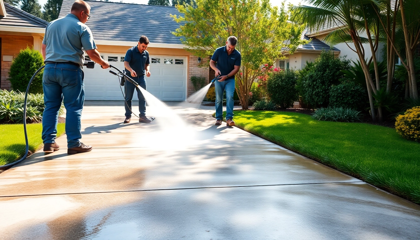 Driveway cleaning with professionals revitalizing a concrete surface using pressure washing.
