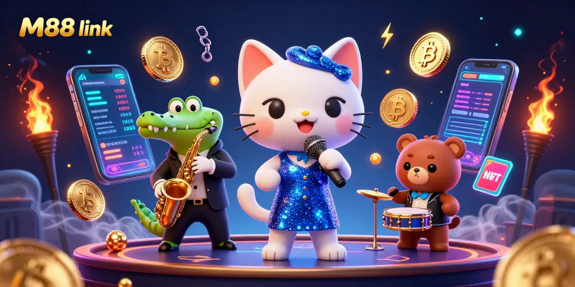Experience the vibrant M88 link casino scene with lively characters and dynamic crypto elements.